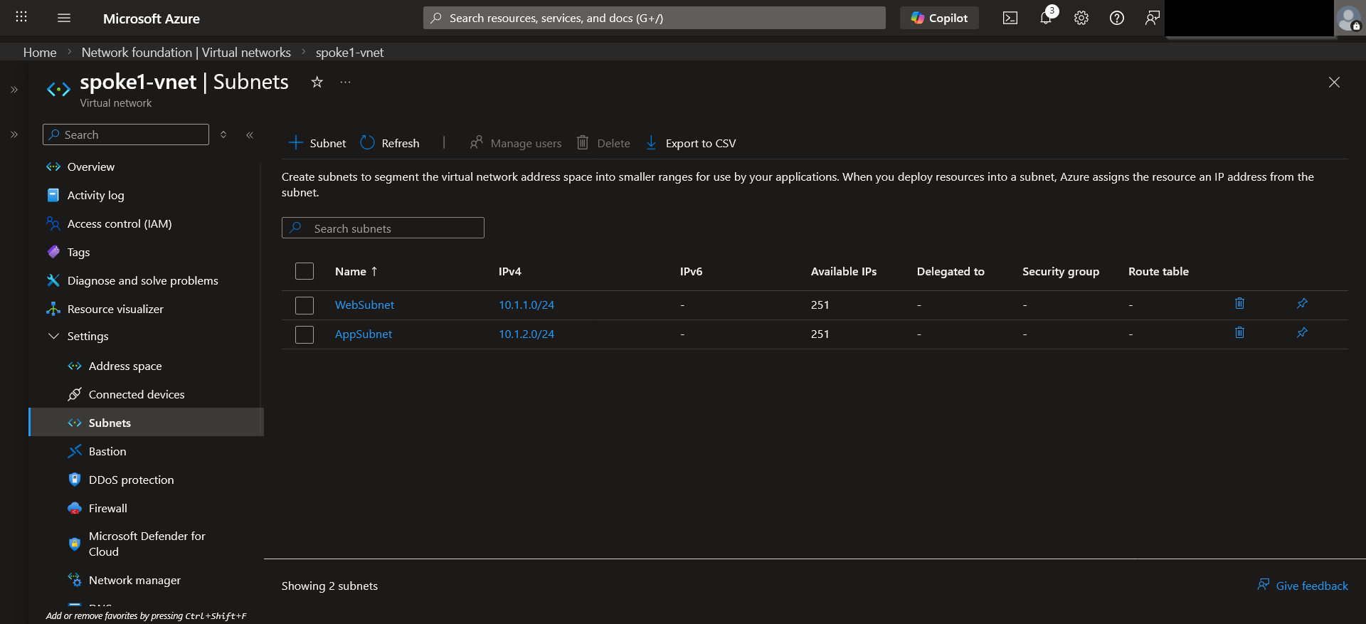 Subnet layout for spoke1‑vnet hosting the web and application tiers.